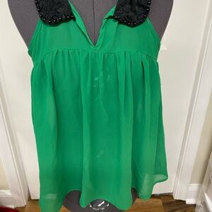 Double Zero Emerald Green Blouse with Black Lace Collar